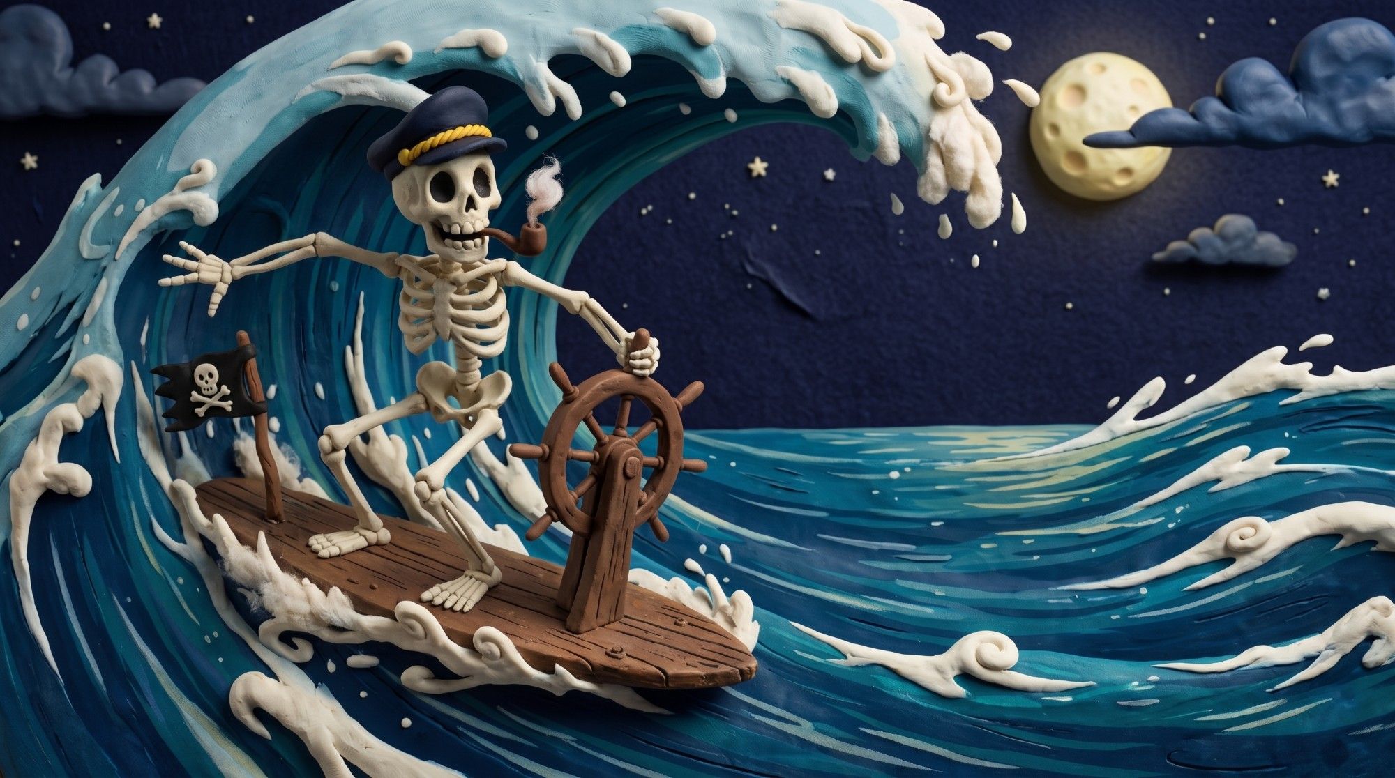 Clay diorama of a skeleton in a captain's hat, pipe in its teeth, steering a ship's wheel on a wooden surfboard through a curling wave under a full moon.